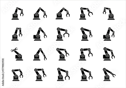 Set of twenty industrial robotic arm vector icons. Black silhouette symbols of manipulators for factory automation and manufacturing technology