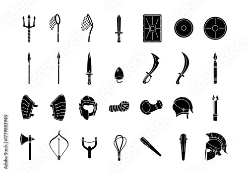 A comprehensive set of ancient warrior icons, featuring Roman gladiator armor, Viking weapons, and medieval combat gear in a simple glyph style