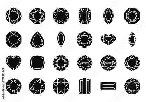 A comprehensive set of black silhouette icons showcasing various diamond and gemstone cuts. Vector graphic collection for jewelry design