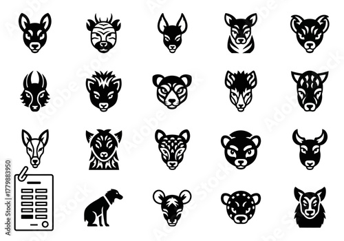 Vector icon set featuring various stylized animal heads. A monochrome collection of wildlife and mammal glyphs perfect for logos and branding, part of collection 61