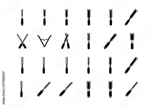 Vector icon set of various chisel types for woodworking. A collection of black and white glyphs for carpentry and craft design