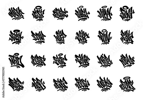 Vector collection of hand-drawn graffiti style crowns and abstract tags for urban street art design elements