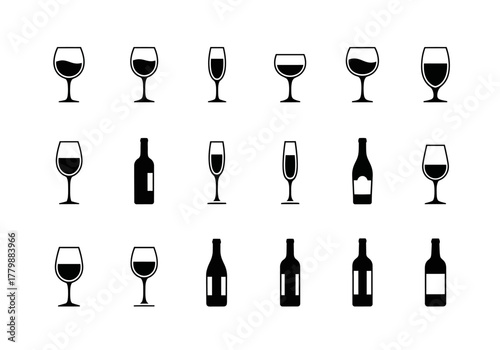 Minimalist collection of wine glass and bottle icons. A simple black silhouette vector set for beverage and celebration themes
