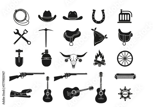 A comprehensive collection of western cowboy silhouette icons. Vector set includes various American frontier equipment and cultural symbols for design projects