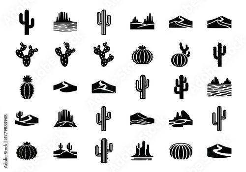 A comprehensive set of black glyph icons representing various types of cacti and desert landscapes, including saguaro, dunes, and mesas for design projects