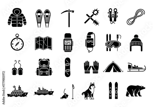 Arctic exploration and winter sports black glyph icons set, representing cold weather gear, survival equipment, and polar travel