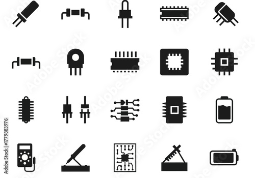 A vector icon set featuring various electronic components and circuit parts, including microchips, processors, and resistors for engineering projects