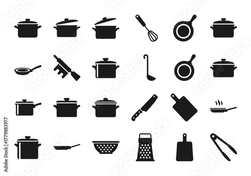Vector icon set of kitchen utensils and cookware silhouettes. A collection of cooking tools and equipment for culinary design