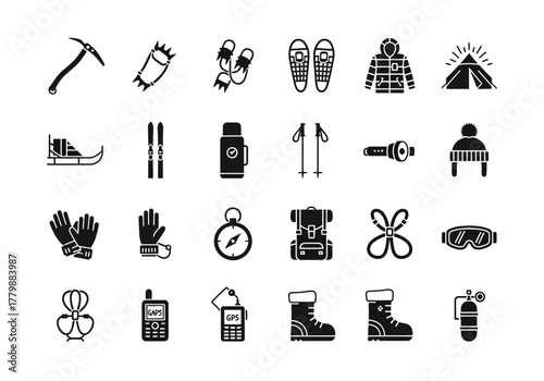 A comprehensive collection of solid glyph icons representing winter sports, mountaineering, and alpine expedition equipment