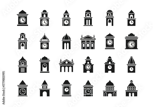 Glyph icon collection of various clock towers and historic buildings. Vector symbols set for architecture and urban landmarks