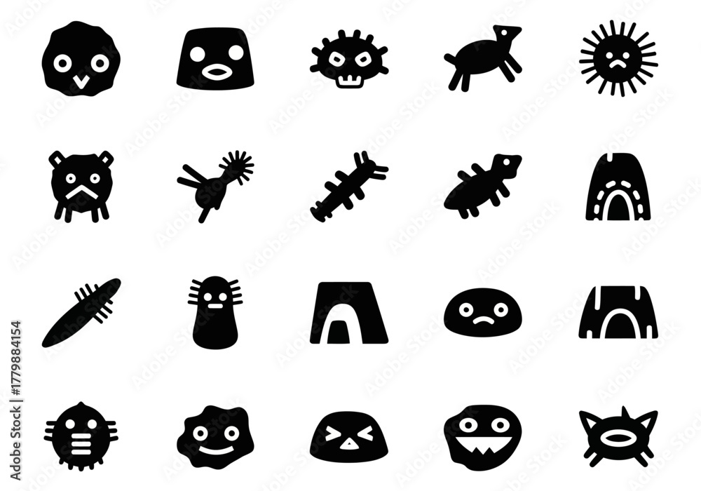 Fototapeta premium Collection of unique black silhouette icons featuring abstract monsters, cute alien characters, and primitive creature symbols