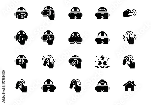 Virtual reality headset and hand gesture glyph icons set. A collection of solid black pictograms for augmented reality user interface elements