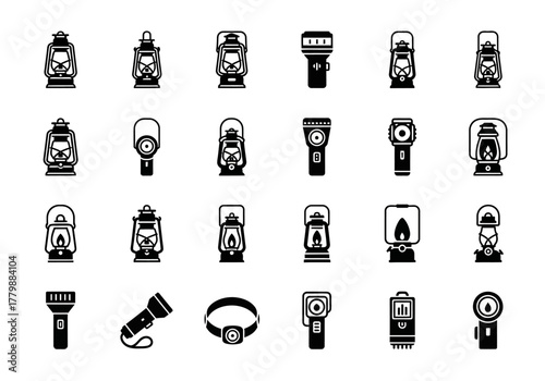 A versatile glyph icon set featuring various flashlights, headlamps, and camping lanterns. Vector illustration collection of portable light sources