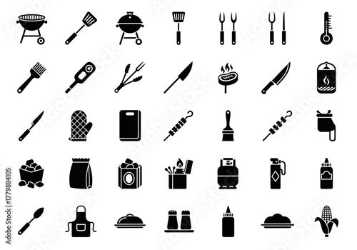 A comprehensive icon set of barbecue and grilling tools. Solid glyphs represent essential equipment and food for an outdoor cookout