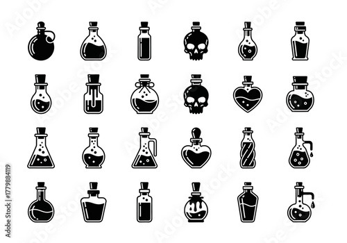 Set of black and white icons depicting various magical potion bottles, alchemical flasks, and poison vials, including unique skull and heart shapes