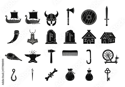 A comprehensive collection of black silhouette icons representing ancient Norse and Scandinavian Viking culture, history, and mythology