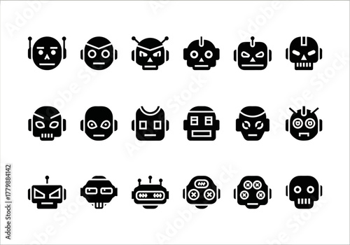 Collection of futuristic robot head icons in a solid black glyph style. Set of android and cyborg faces for AI design projects