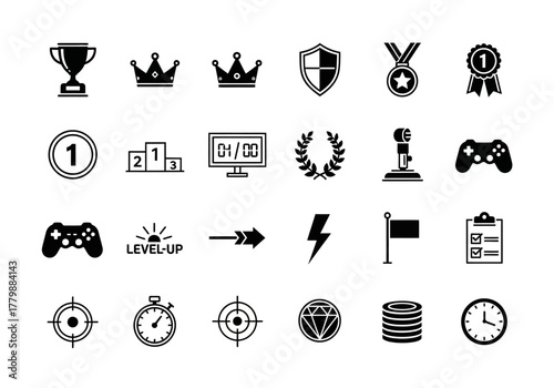 Set of black gaming icons representing victory, awards, and user interface elements for video game design and esports
