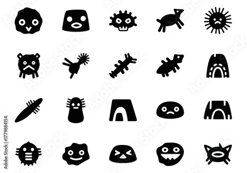 Collection of unique black silhouette icons featuring abstract monsters, cute alien characters, and primitive creature symbols