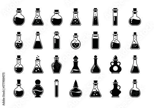 Set of magic potion bottle icons in black silhouette style. Vector collection of alchemical flasks, glass vials, and apothecary jars for fantasy games
