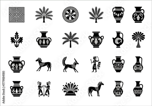 A collection of black silhouette icons inspired by ancient Minoan and Greek art, featuring stylized vases, animals, and mythological symbols for design