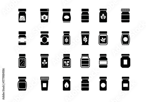 A collection of minimalist glyph icons depicting various food jars, bottles, and pantry storage containers for design
