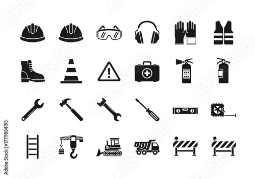 A comprehensive collection of flat vector icons representing industrial safety equipment, construction machinery, and building tools for professional work
