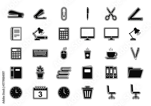 A comprehensive collection of flat monochrome business icons representing office supplies, work equipment, and stationery essentials
