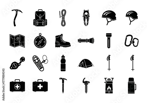 Set of black silhouette icons for mountaineering and hiking. Vector collection of climbing equipment and camping gear