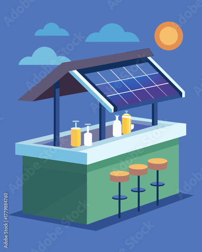 A chic rooftop bar with solar panels incorporated into the bar top providing energy to mix sustainable tails and power the outdoor lighting.. Vector illustration