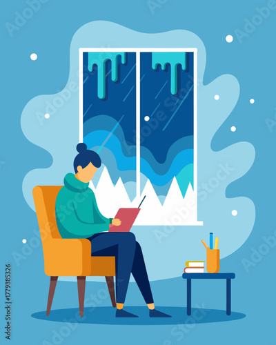 A creative writer brainstorming ideas while curled up in a cozy armchair next to a window framed by icicles.. Vector illustration