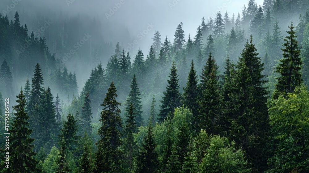 Obraz premium Misty Evergreen Forest Landscape with Pine Trees in Morning Fog