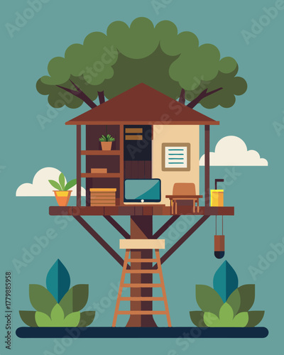 A rustic and chic treehouse with a simple but wellequipped workspace for a seamless transition from work to relaxation.. Vector illustration