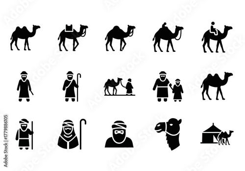 Solid glyph icons set of desert nomads and shepherds with camels, a vector collection of historical travel symbols