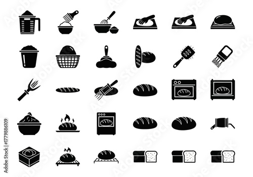Baking bread and kitchenware solid glyph icon set. A collection of simple black symbols for cooking, food, and bakery equipment
