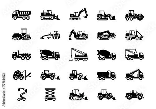 A diverse set of black silhouette icons depicting heavy construction machinery and industrial vehicles, isolated on a white background for design