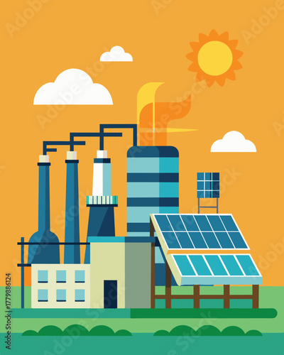 A chemical plant with large industrialsized solar panels mounted on its walls converting sunlight into power for the production process.. Vector illustration