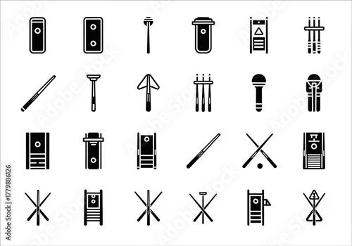 Vector glyph icon collection showcasing traditional tabletop game equipment like billiards and mahjong