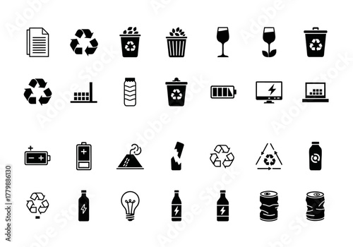 Solid glyph icon set illustrating concepts of recycling, waste disposal, environmental conservation, and energy