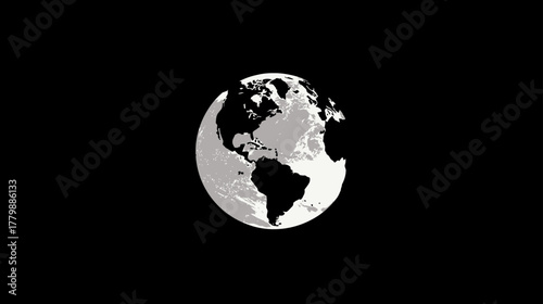 Digital monochrome globe on black, conceptualizing global network, communication, internet, data, and worldwide connection.