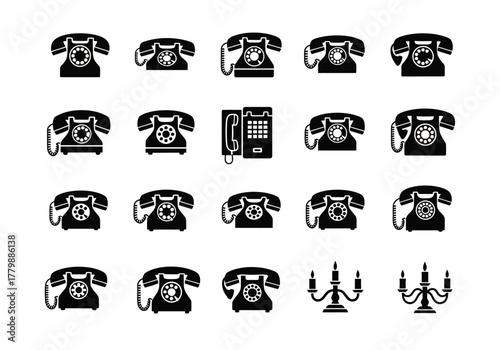 Collection of black silhouette icons with vintage rotary telephones and classic candelabras, isolated for communication and graphic design concepts