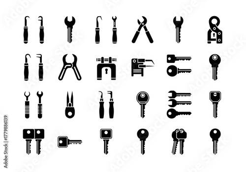 A comprehensive vector icon set of locksmith tools and security keys. Professional equipment including picks, wrenches, and a key cutting machine