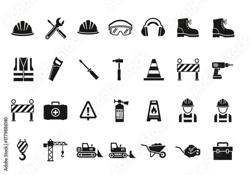 A comprehensive set of black glyph icons representing construction tools, safety equipment, and heavy machinery for industrial engineering projects