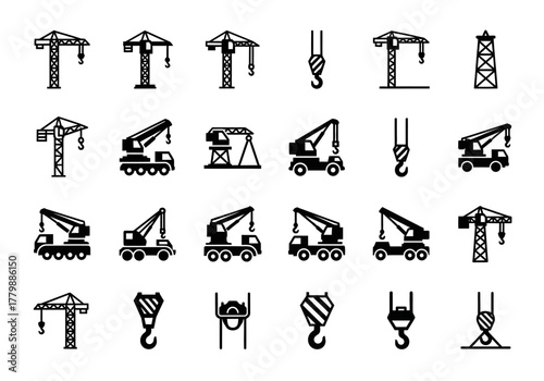 A set of black vector icons representing various types of construction cranes, lifting equipment, and heavy machinery