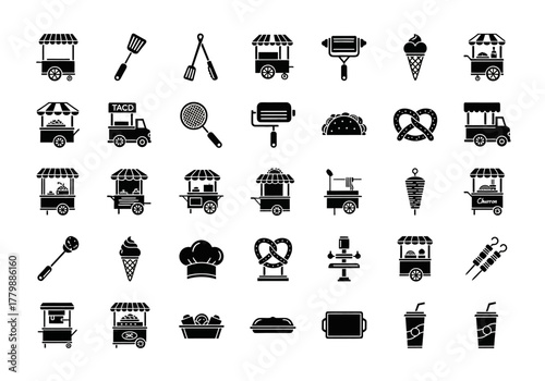 Street food and food truck icon collection. Set of solid glyph symbols for vendor carts, fast food, and mobile kitchen business