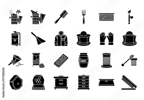 Comprehensive collection of beekeeping equipment and apiculture tools presented as solid black glyph icons