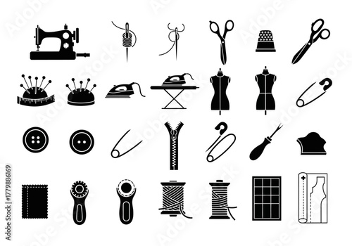 A comprehensive glyph icon set featuring various sewing, tailoring, and dressmaking tools for craft and hobby projects on a white background