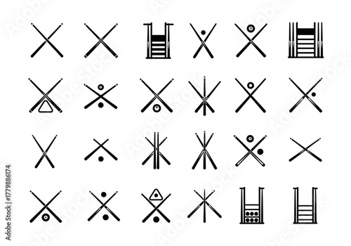 A comprehensive set of minimalist black vector icons for billiards and pool, featuring crossed cues, balls, and racks for game design and sport branding