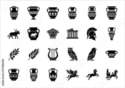 Glyph icon collection of ancient Greek civilization symbols, featuring mythology, culture, and historical artifacts like amphora and lyre