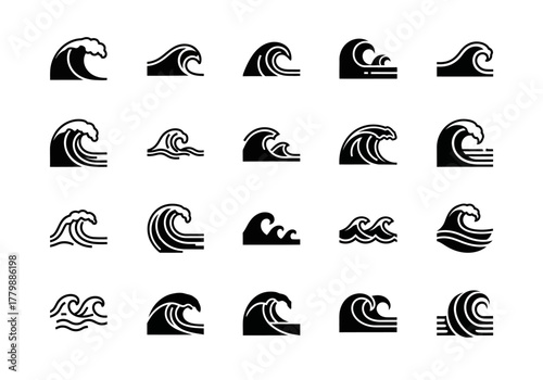 Collection of black sea wave icons. A diverse set of ocean and water symbols in a simple glyph style for graphic design projects